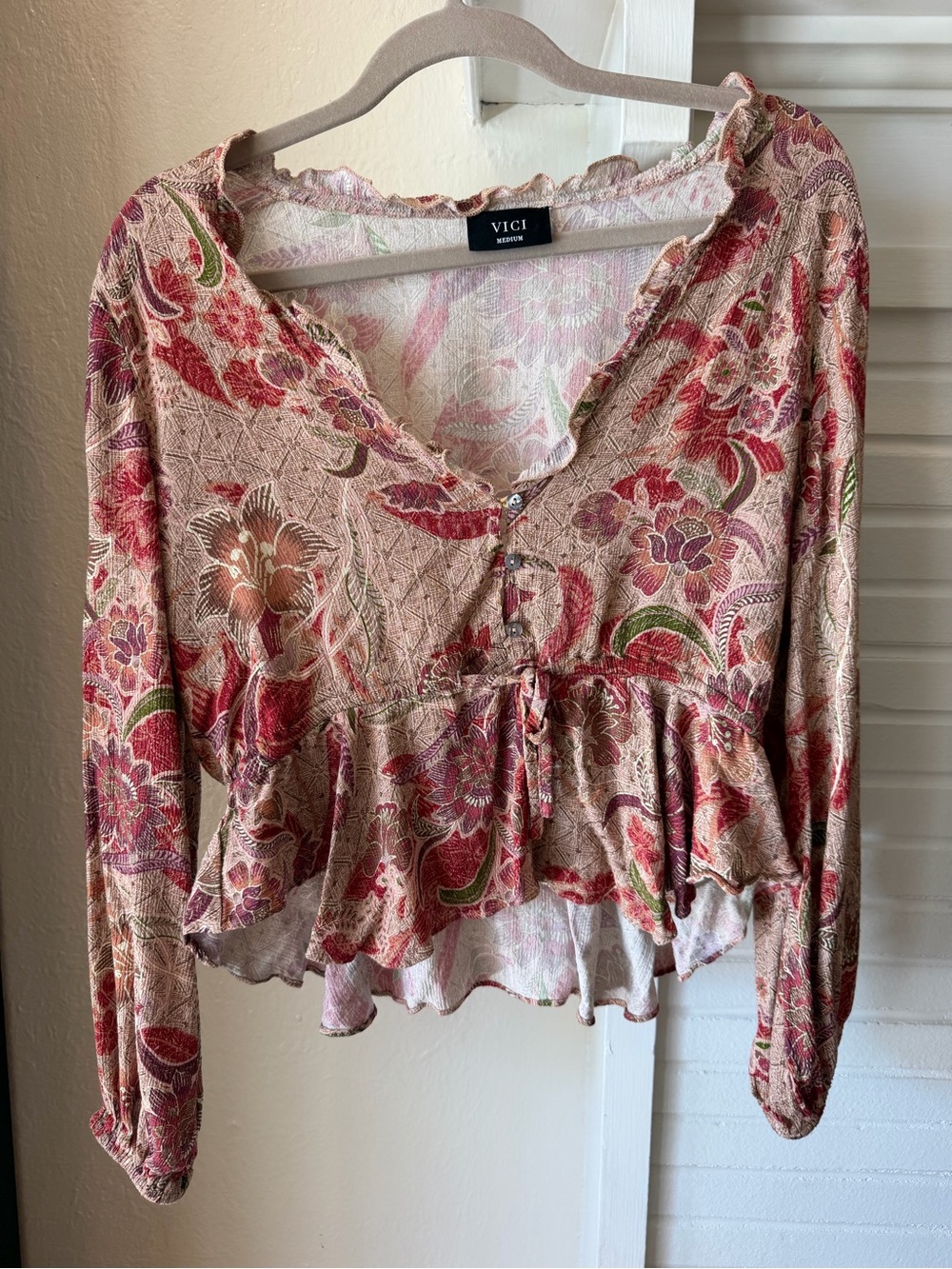 VICI Floral Paisley Long Sleeve Peplum Blouse Pink Mauve Size Medium